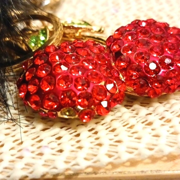 Crystal Cherries Bag Charm Key Chain Red w Black Faux Mink Black Pom - Picture 13 of 14